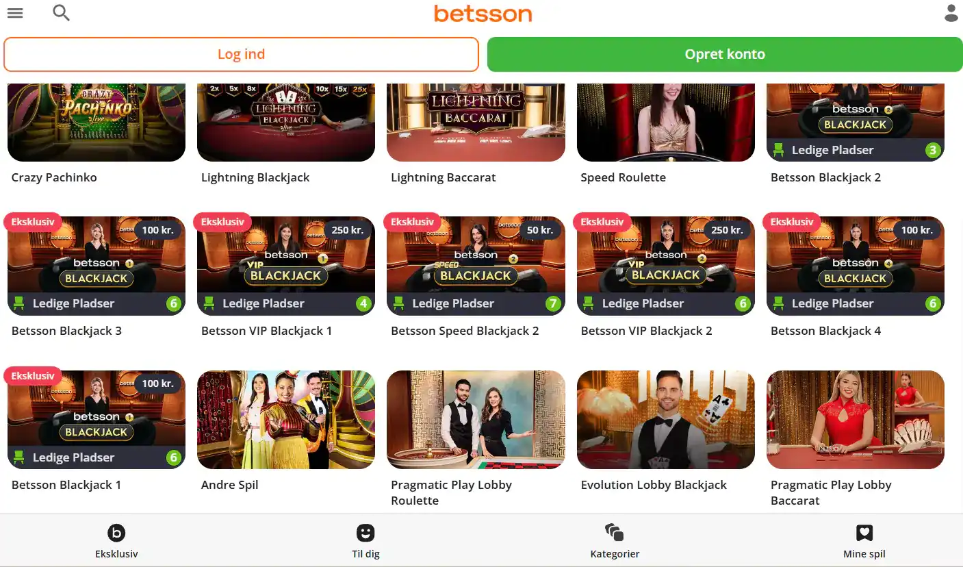 Betsson casino-lobby med aktuelle spilleautomater