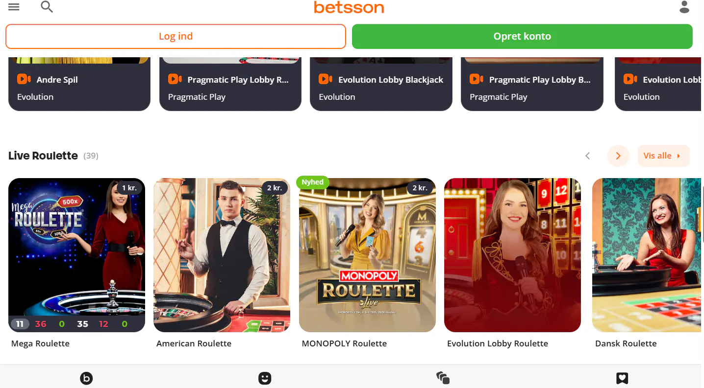 Betsson Live Casino med aktuelle roulette- og dealerborde
