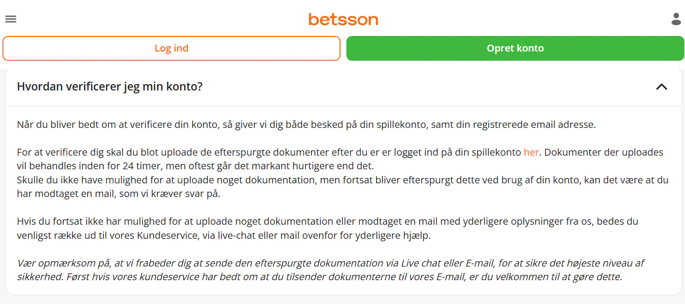 Betsson konto verificering og upload af dokumentation