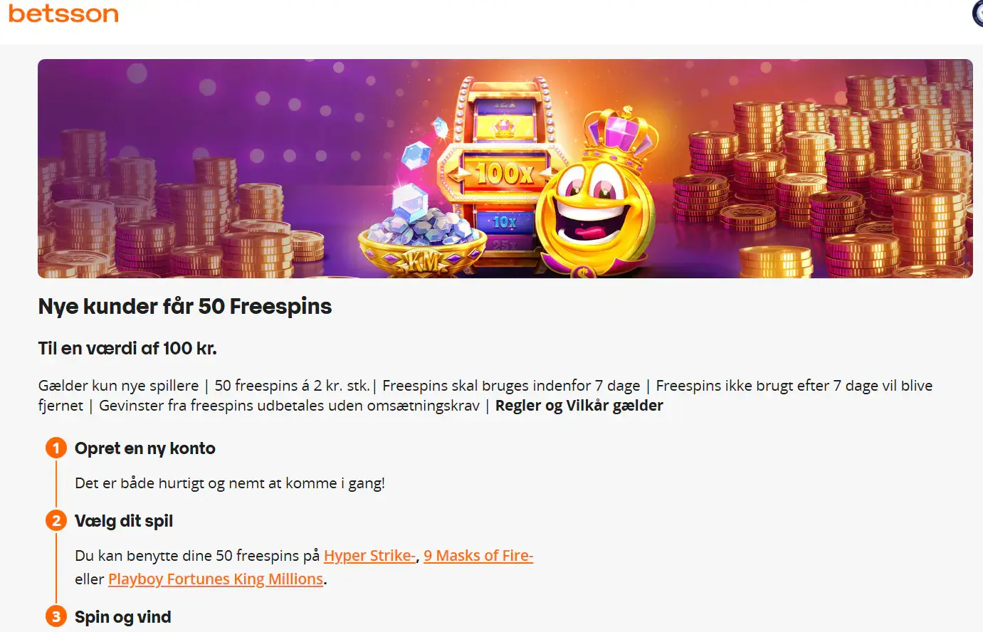 Betssons aktuelle danske tilbud med 50 freespins