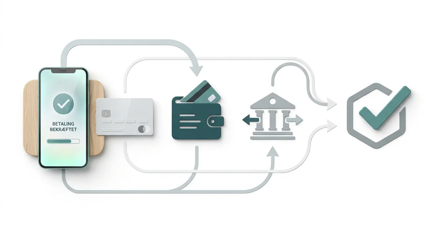Illustration af betalingsflow med kort, bank og mobilbetaling
