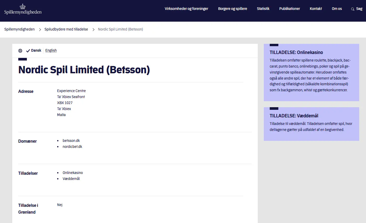 Spillemyndighedens registerpost for Nordic Spil Limited og Betsson